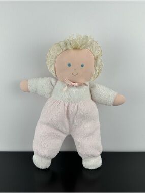 Vintage Eden Pink White Doll Terry Cloth Blue Eyes Bonnet Lace Soft Plush 11”